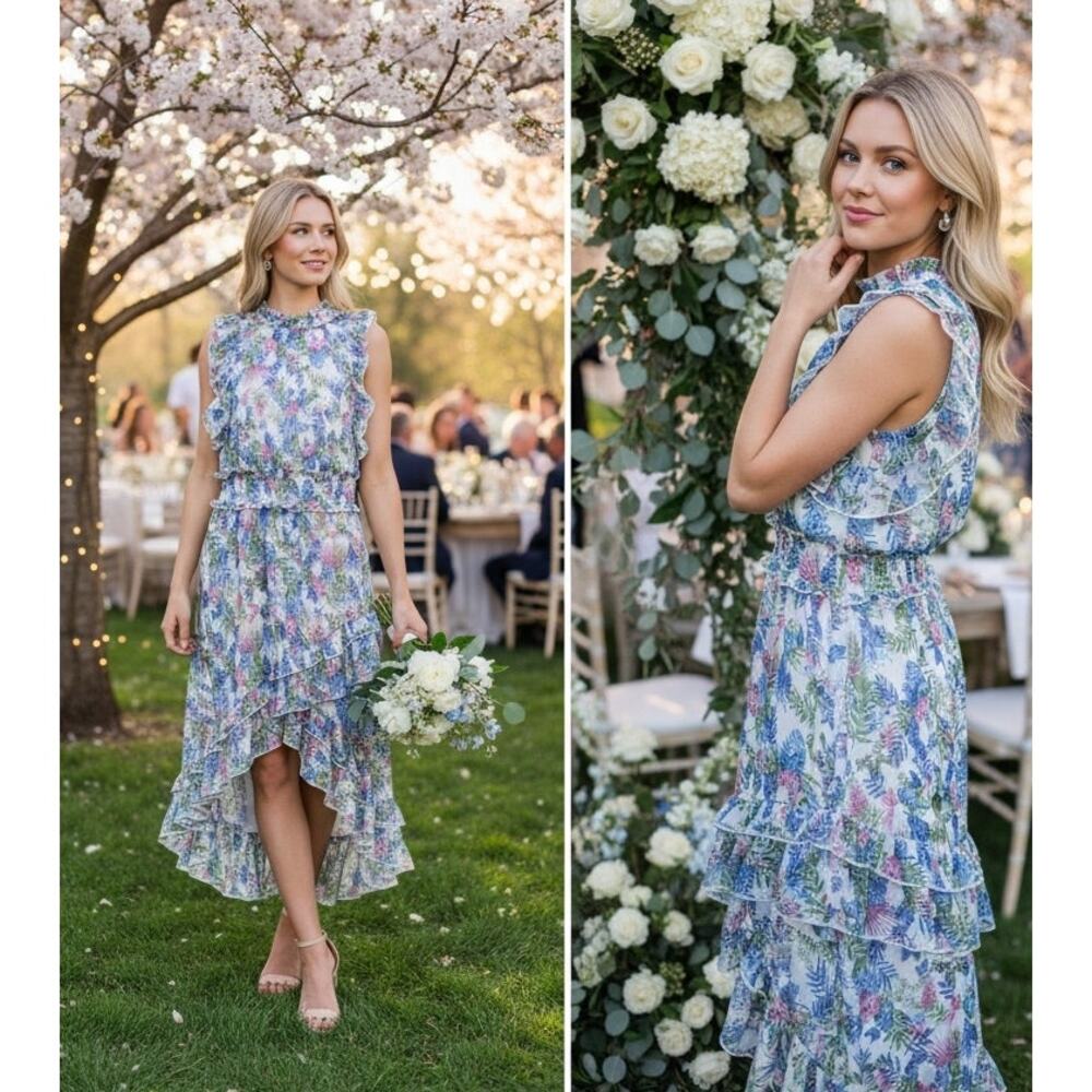 Wedding Guest Dress Tropical Floral Tiered Ruffle Midi Garden Party Vacation NWT